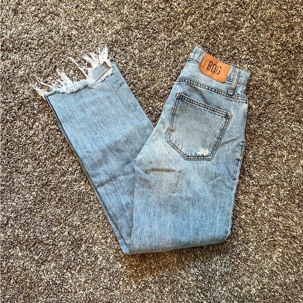 High waisted light blue denim jeans with raw hem cowboy jeans from BDG